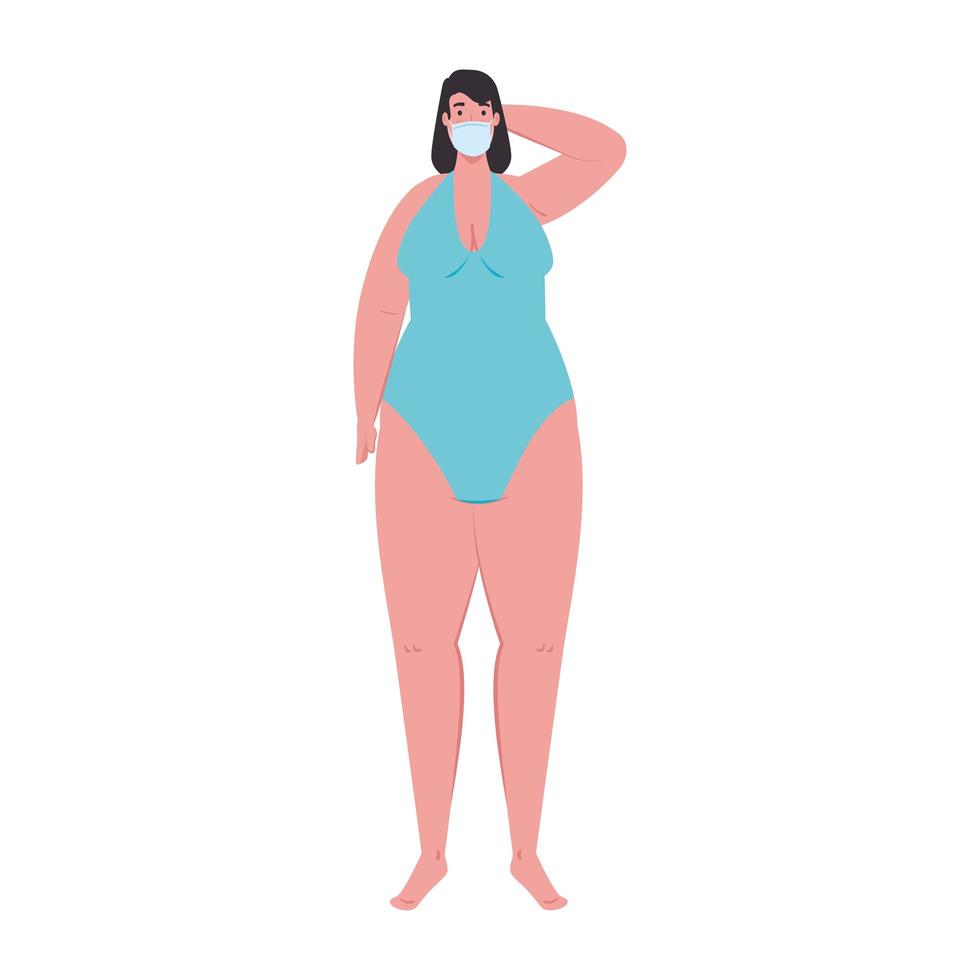 cute plump woman in swimsuit blue color, wearing medical mask, covid 19 summer vacation vector