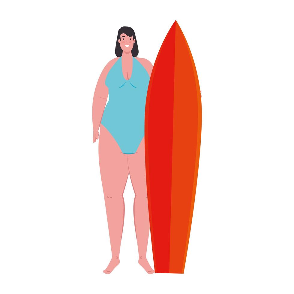 Linda mujer regordeta con tabla de surf en traje de baño de color azul sobre fondo blanco. vector