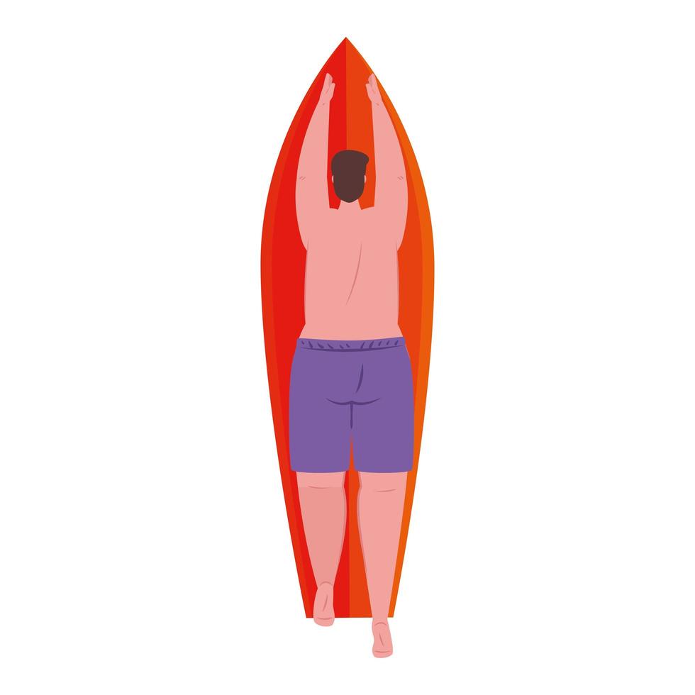 hombre de espalda acostado en la tabla de surf con pantalones cortos de color púrpura sobre fondo blanco vector