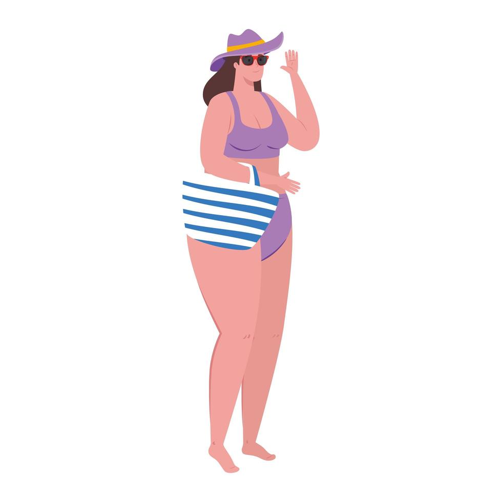 linda mujer regordeta en traje de baño de color púrpura, con accesorios de verano sobre fondo blanco vector