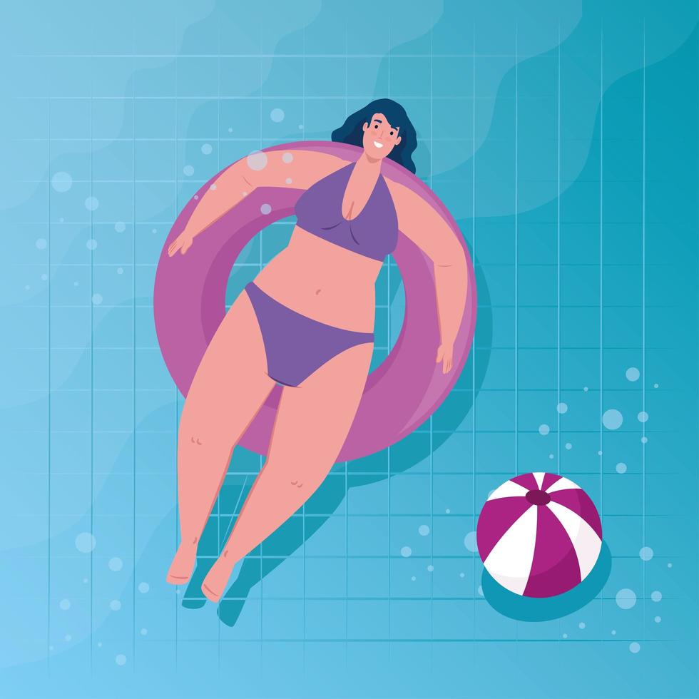 linda mujer regordeta usando traje de baño de color púrpura en círculo de flotador de salvavidas, en la piscina vector