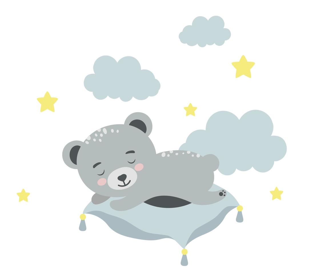 Cute Bear sleeping on the pillow. Baby animal concept illustration for nursery, character for children. vector