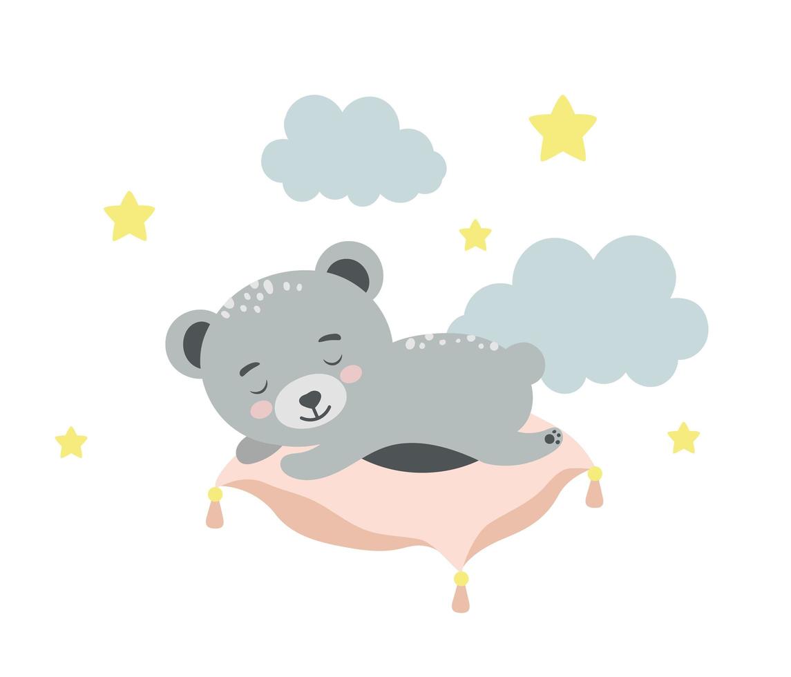 lindo oso durmiendo en la almohada. ilustración del concepto de animal bebé para guardería, personaje para niños. vector