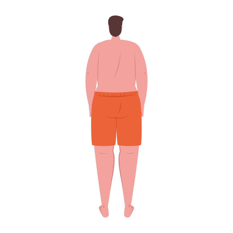 man of back in shorts orange color, happy guy in swimsuit on white background vector