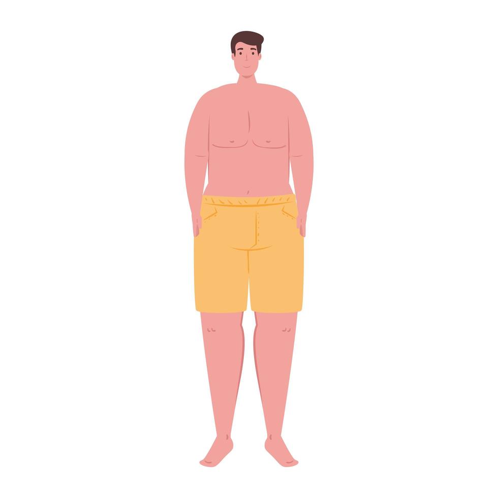 man in shorts yellow color, happy guy in swimsuit on white background vector