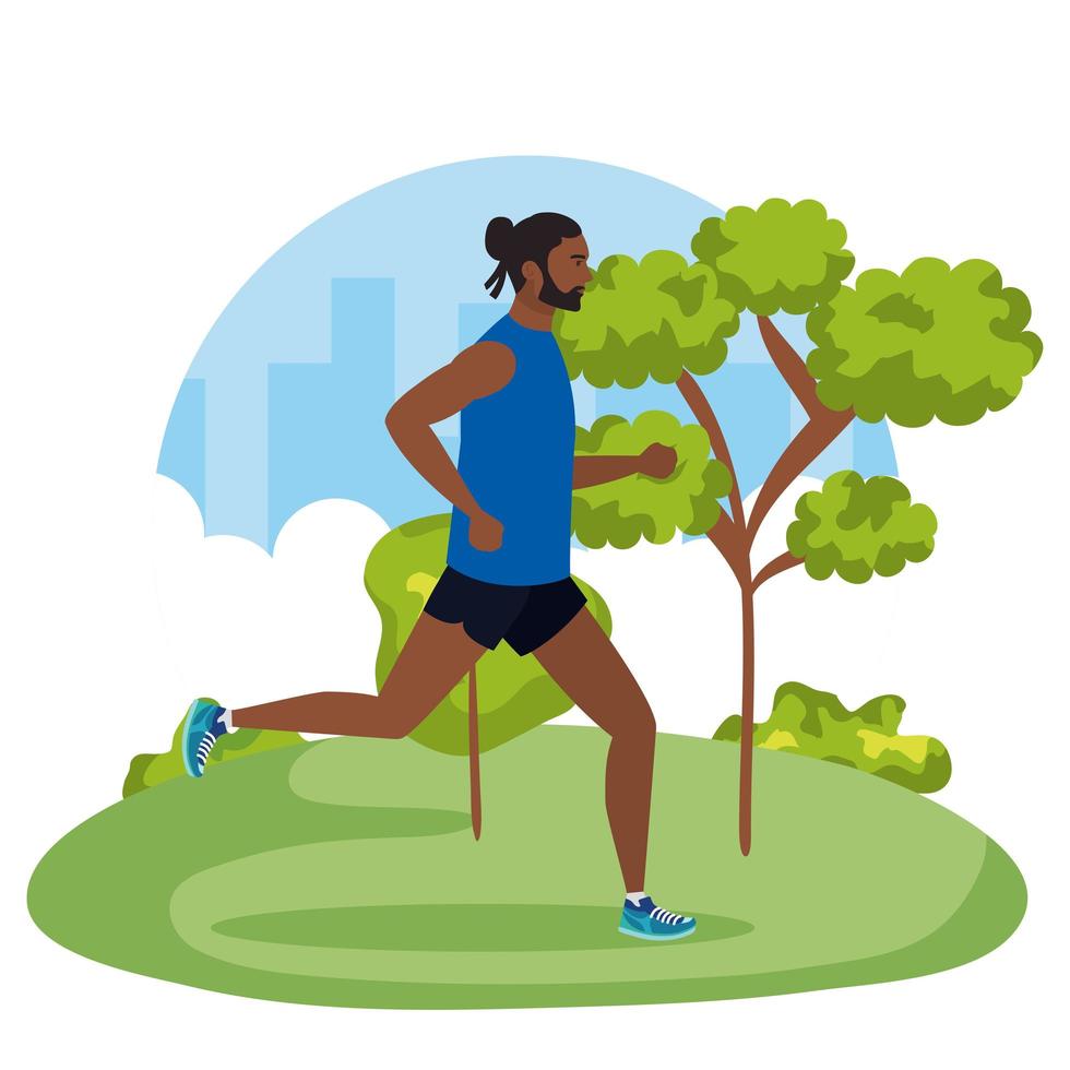 man afro running in the nature, male afro athlete outdoor, man afro running in park vector