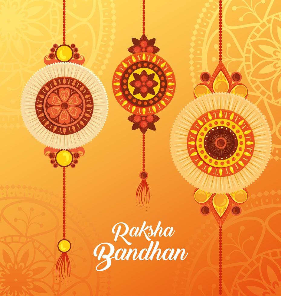 tarjeta de felicitación con un juego decorativo de rakhi colgando para raksha bandhan, festival indio para la celebración de la unión entre hermanos y hermanas vector