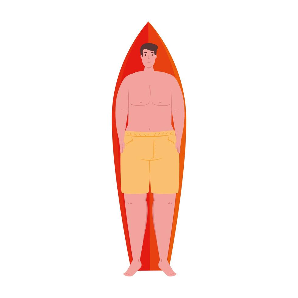 man lying down on surfboard in shorts yellow color on white background vector