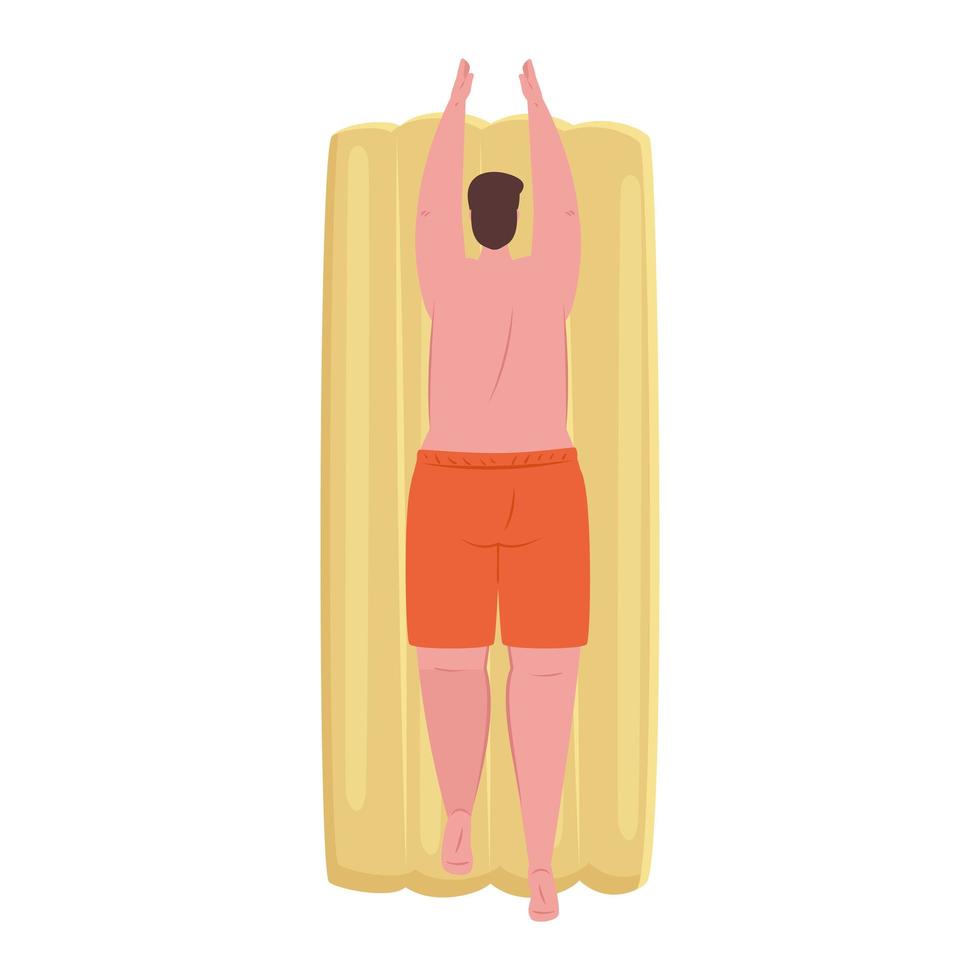 man of back in shorts orange color in lying down on inflatable float on white background vector