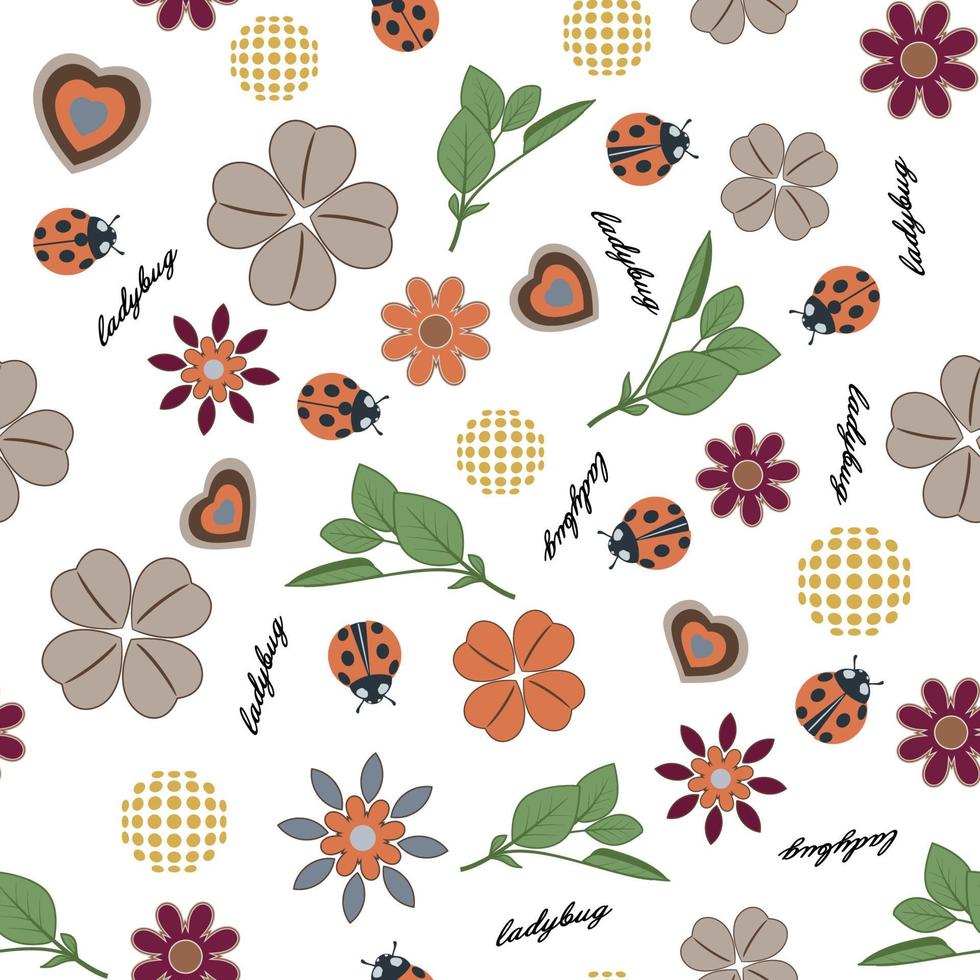 Summer forest floral seamless pattern hand drawn spring pastel garden background with flowers, leaves, shamrocks and ladybugs vector