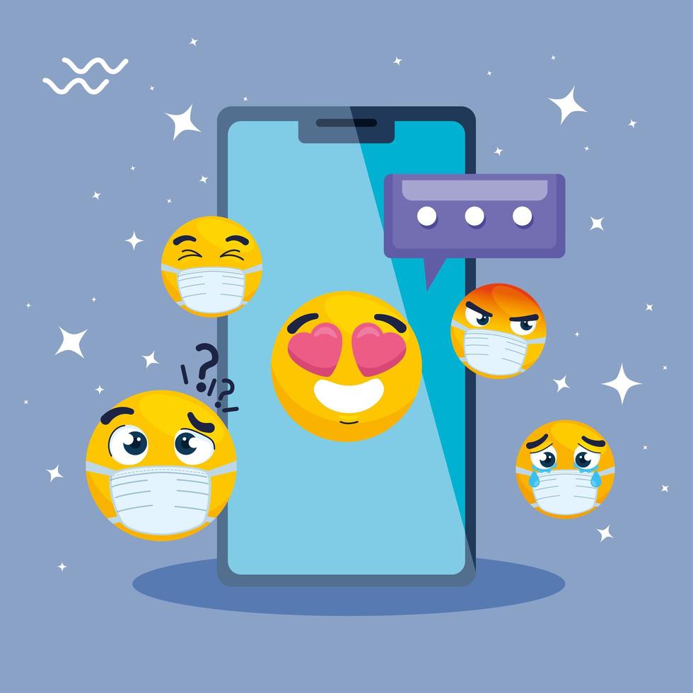 smartphone with set emojis, yellow faces in smartphone device vector