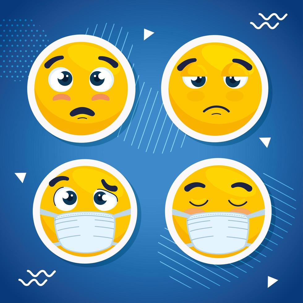 set emojis wearing medical mask, faces emojis wearing surgical mask icons vector