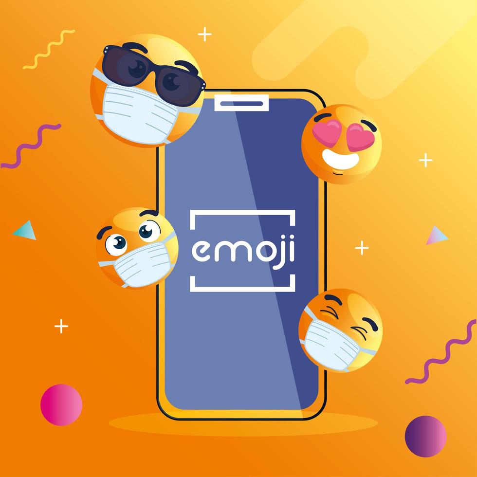 smartphone with set emojis, yellow faces in smartphone device vector