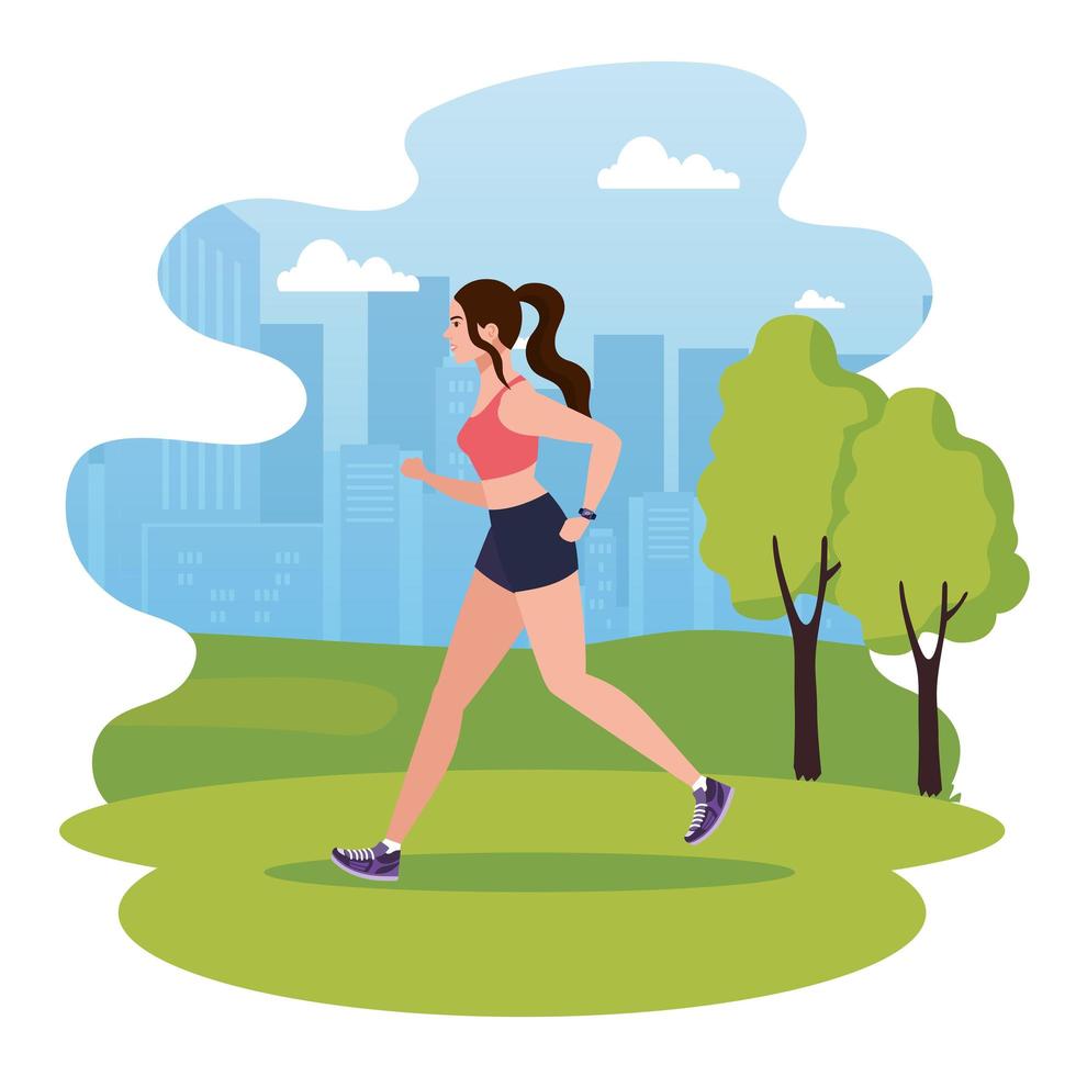 woman running in park, woman in sportswear jogging outdoor, female athlete in landscape vector