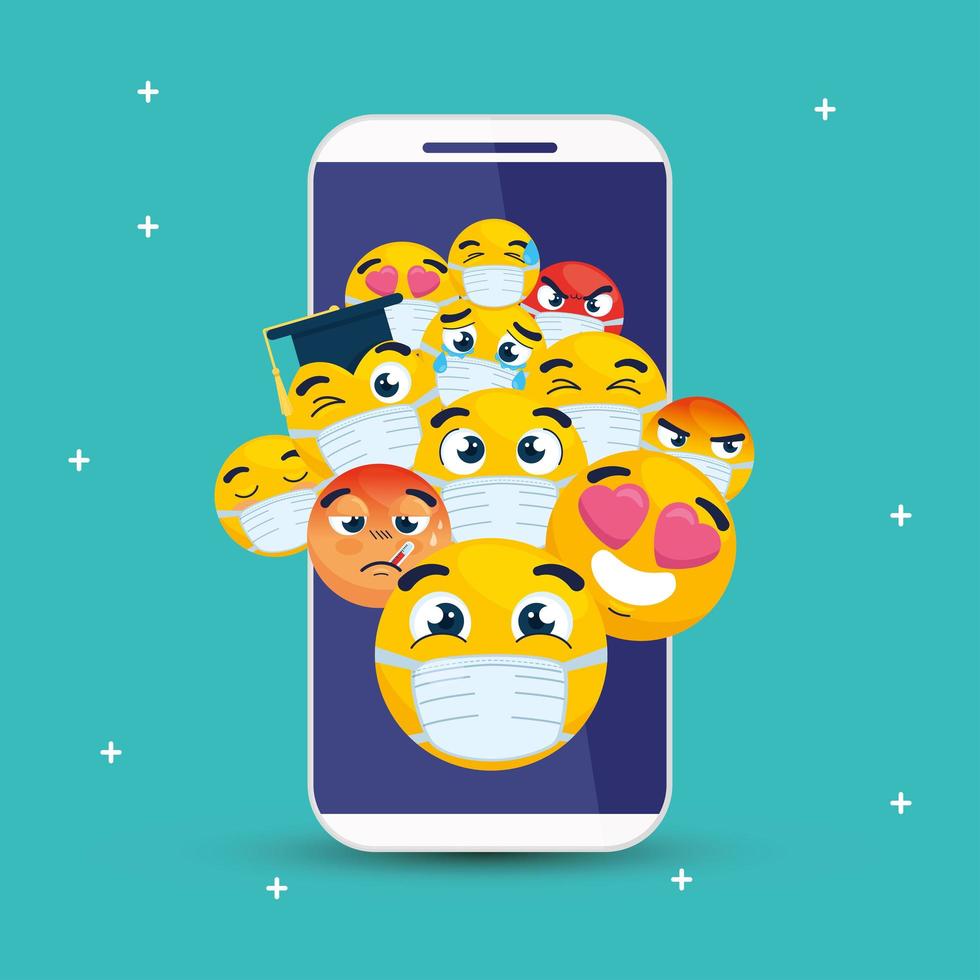 smartphone with set emojis, yellow faces in smartphone device vector