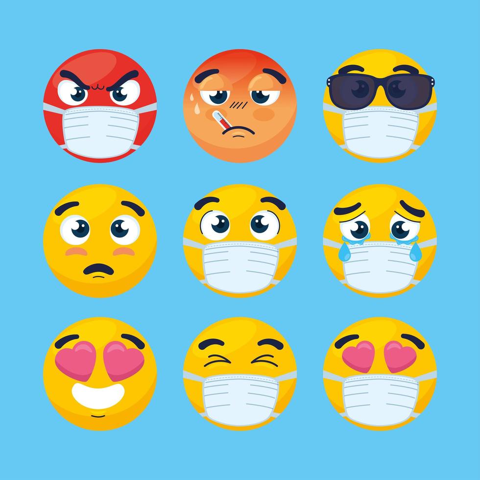 set emojis wearing medical mask, faces emojis wearing surgical mask icons vector