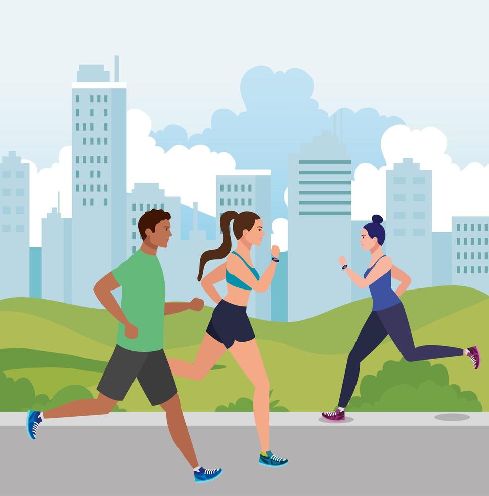 jogging with cityscape, people running race outdoor, people in sportswear jogging vector