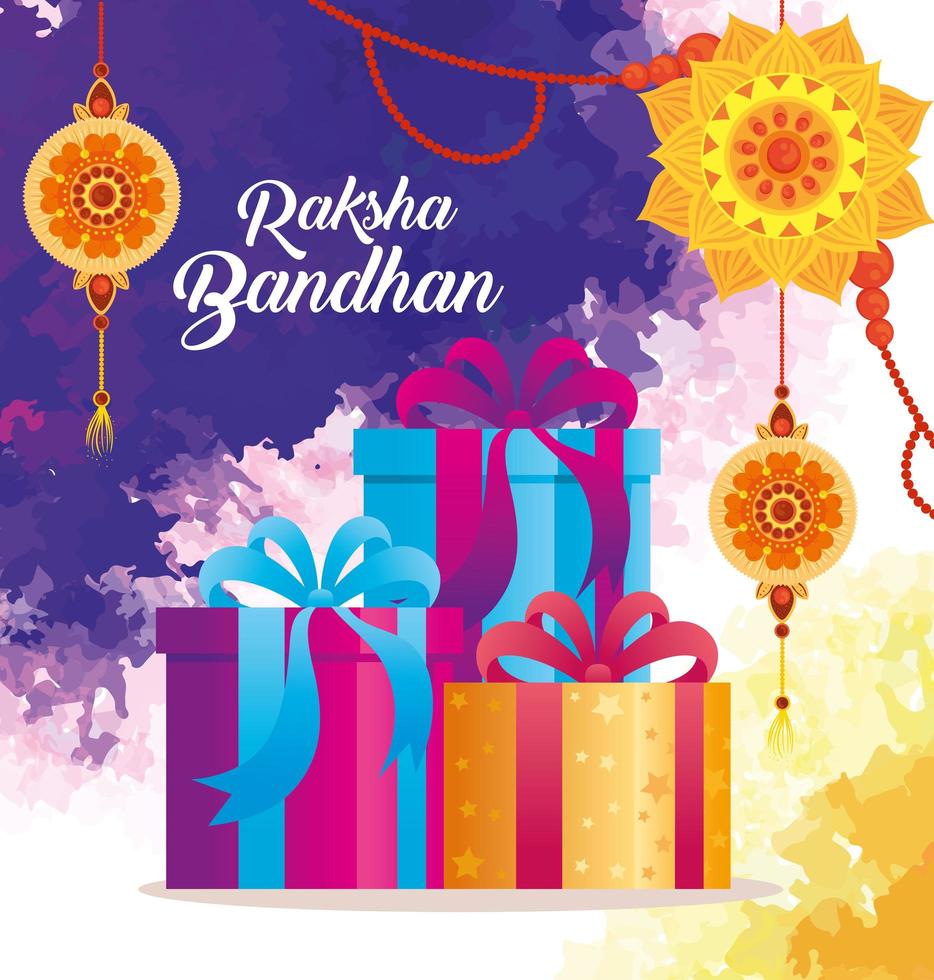 tarjeta de felicitación con un conjunto decorativo de rakhi y cajas de regalo para raksha bandhan, festival indio para la celebración de la unión entre hermanos y hermanas vector