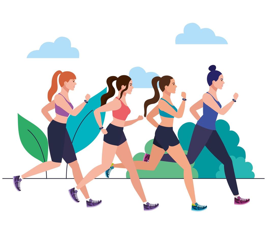 women jogging outdoor, women running in park, group women in sportswear jogging in nature vector