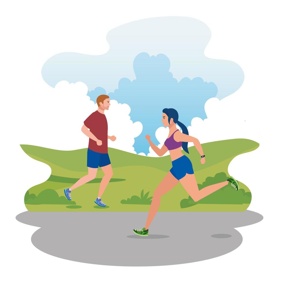 couple jogging in park landscape, couple running outdoor, couple in sportswear jogging in nature vector