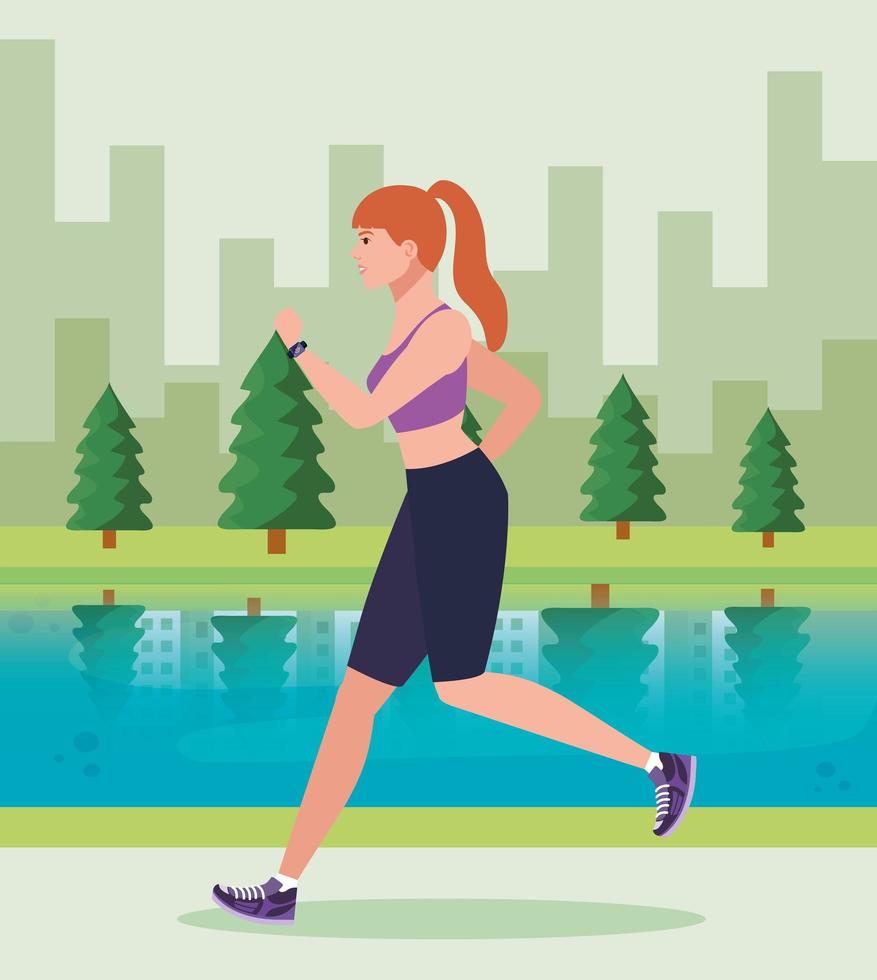 woman running in park, woman in sportswear jogging outdoor, female athlete in landscape vector