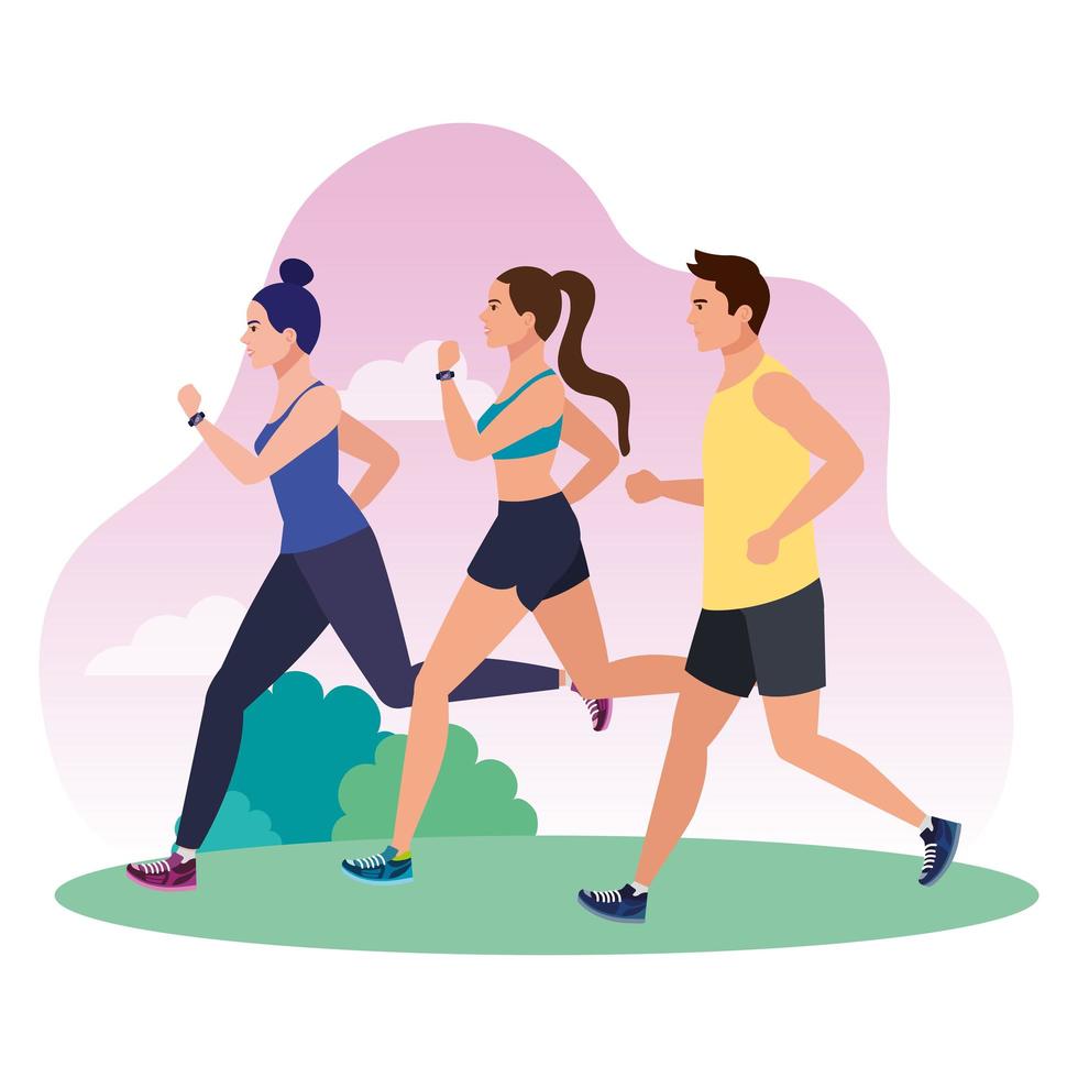 jogging people in landscape, people running race in park, people in sportswear jogging in outdoor vector