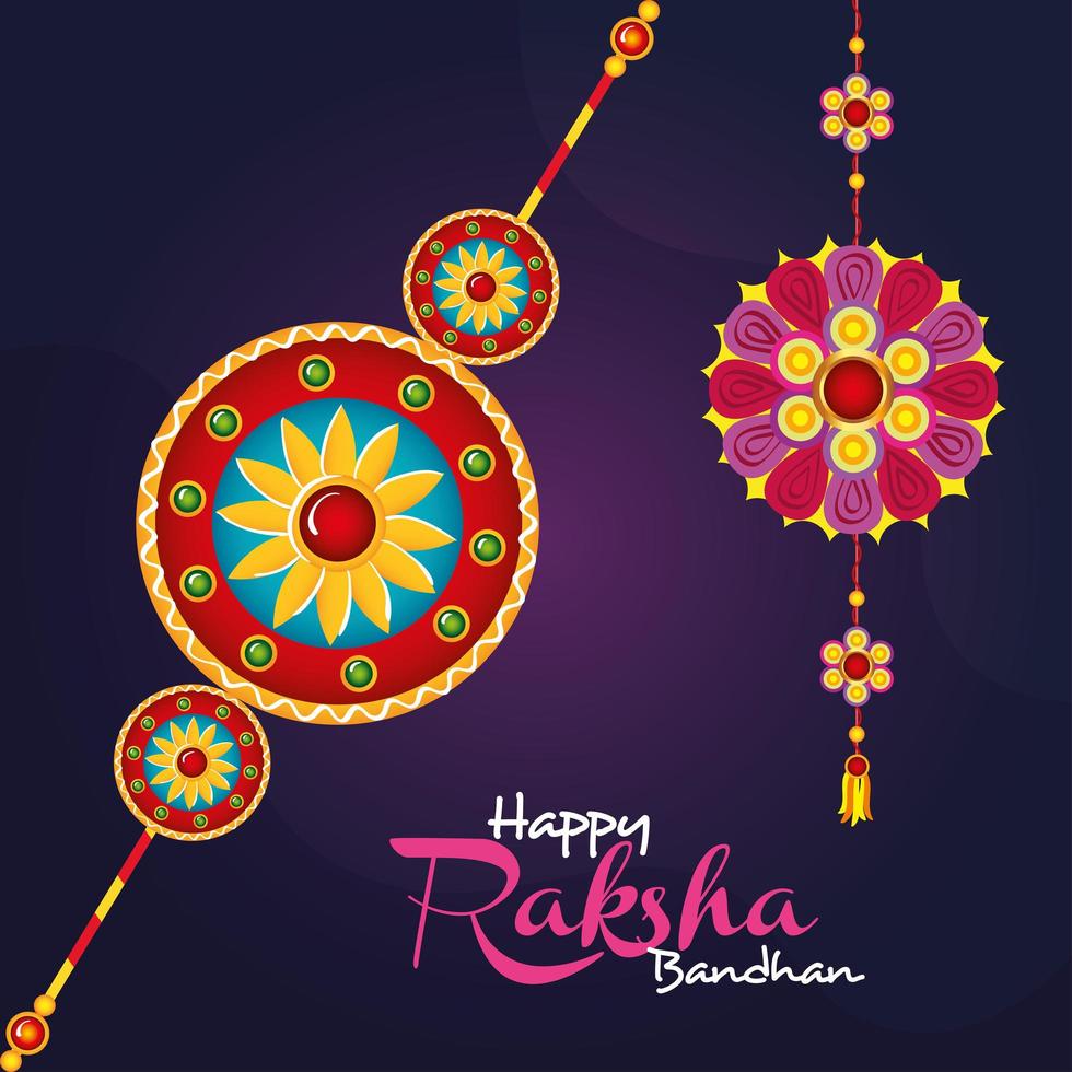 tarjeta de saludo con un juego decorativo de rakhi para raksha bandhan, festival indio para la celebración del vínculo hermano y hermana, la relación vinculante vector