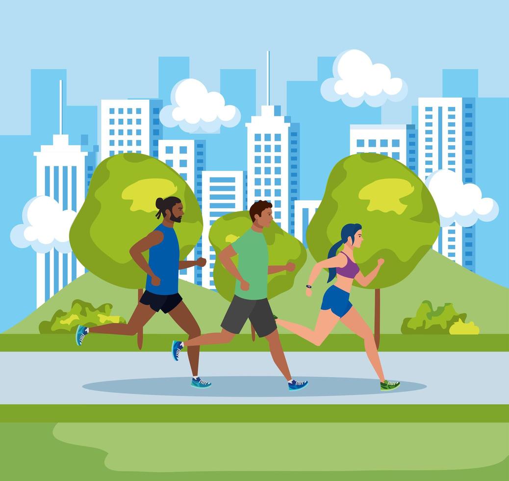 people jogging in landscape, men and woman running outdoor, people in sportswear jogging in park nature vector