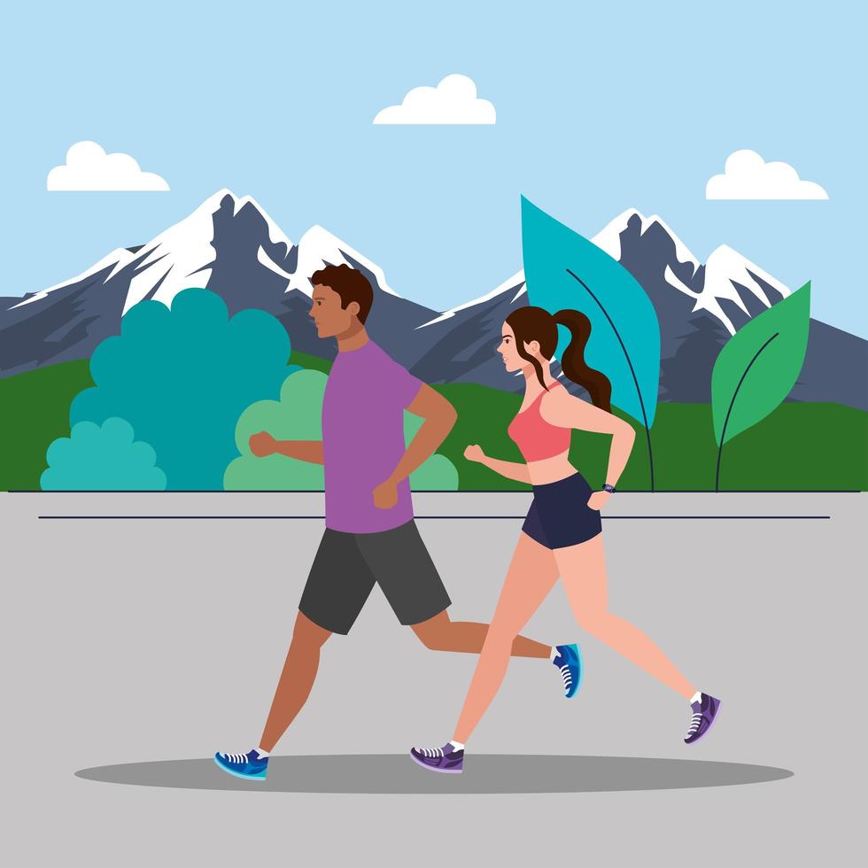 pareja trotando con paisaje montañoso, mujer y hombre corriendo, gente en ropa deportiva trotando vector