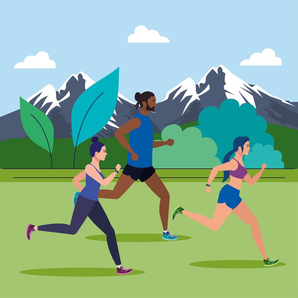 people jogging mountainous landscape, people running outdoor avatar characters vector