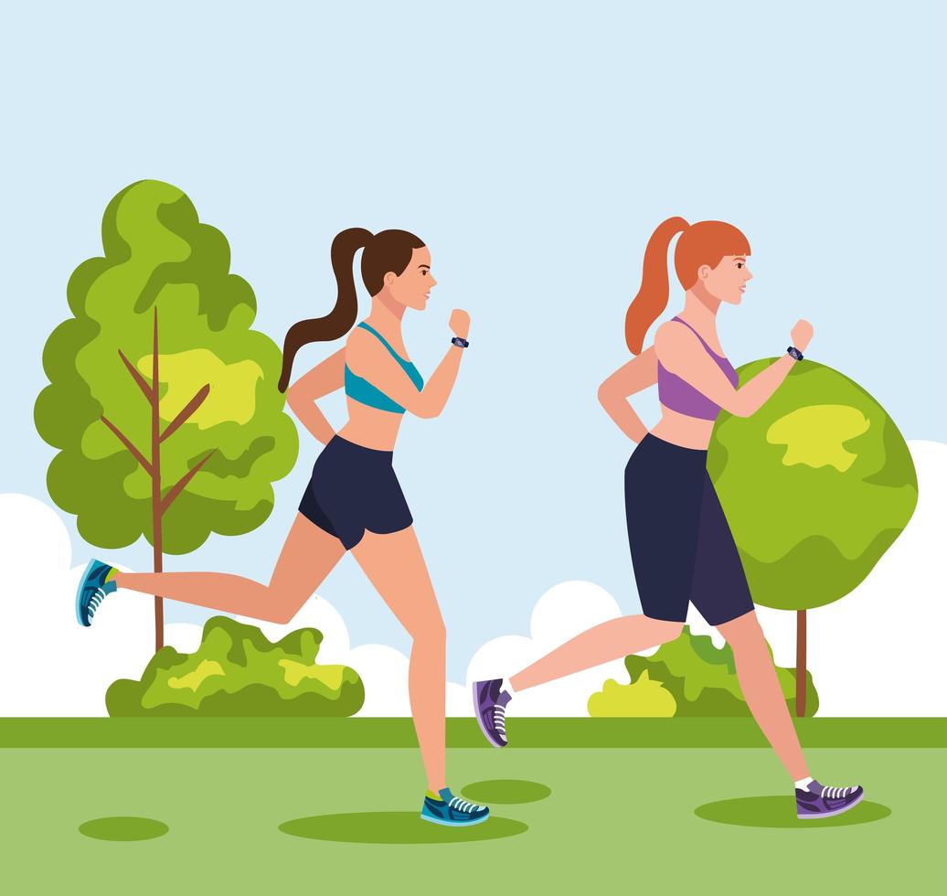 women jogging outdoor, women running in park, group women in sportswear jogging in nature vector