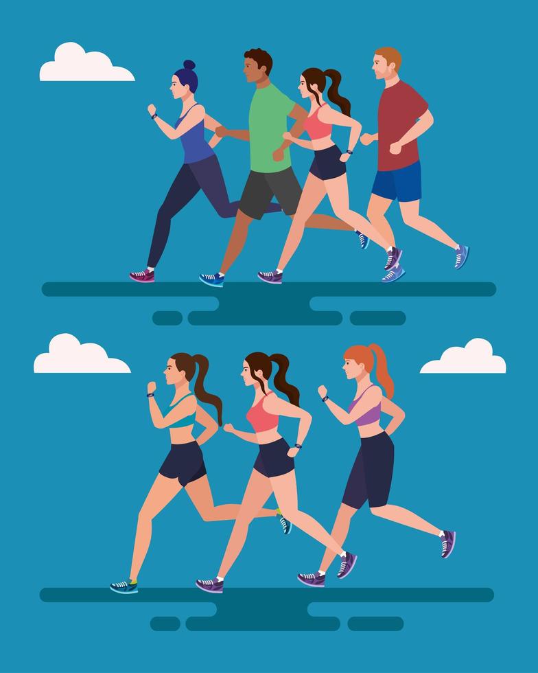 set scenes of jogging people, people running vector