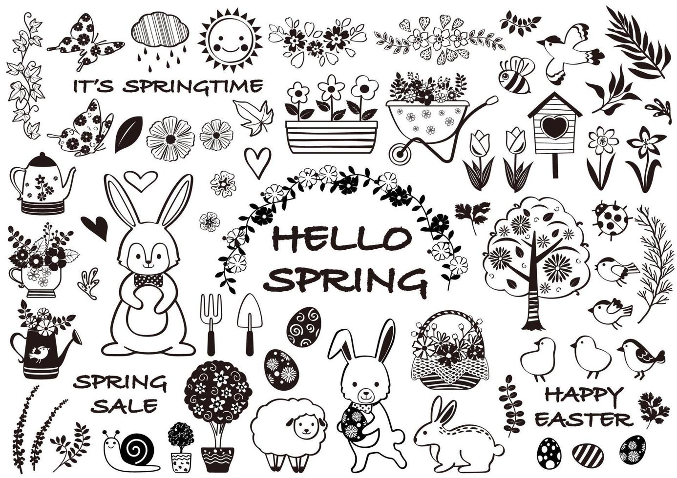 Spring And Happy Easter Black And White Vector Illustration Set