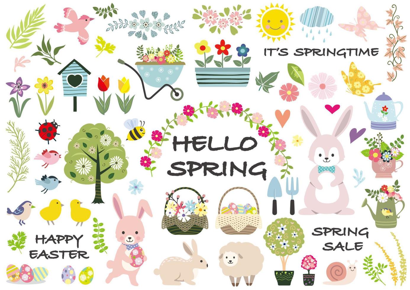 conjunto de ilustraciones vectoriales de primavera y pascua feliz aislado en un fondo blanco. vector