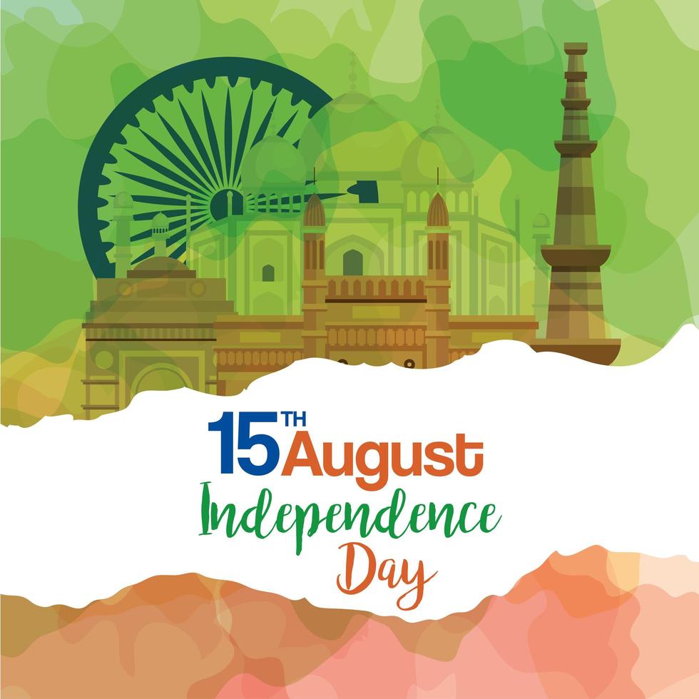 indian happy independence day, celebration 15 august, with monuments traditional and decoration vector