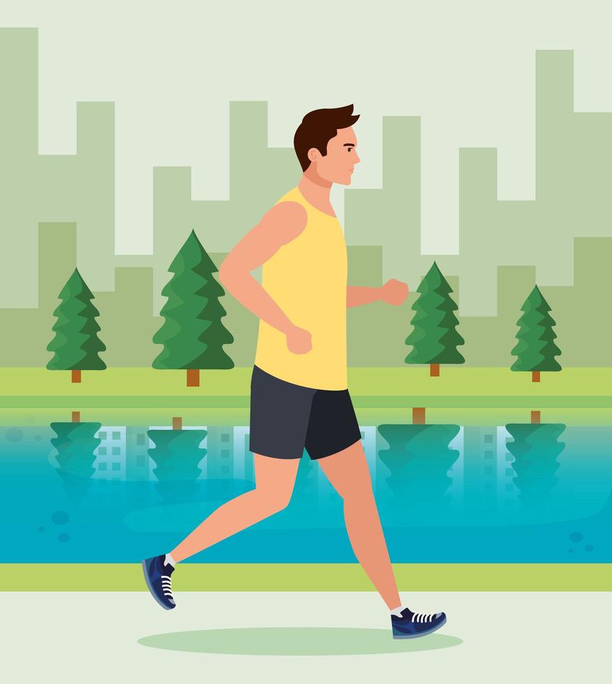 man running in the nature, male athlete running outdoor vector