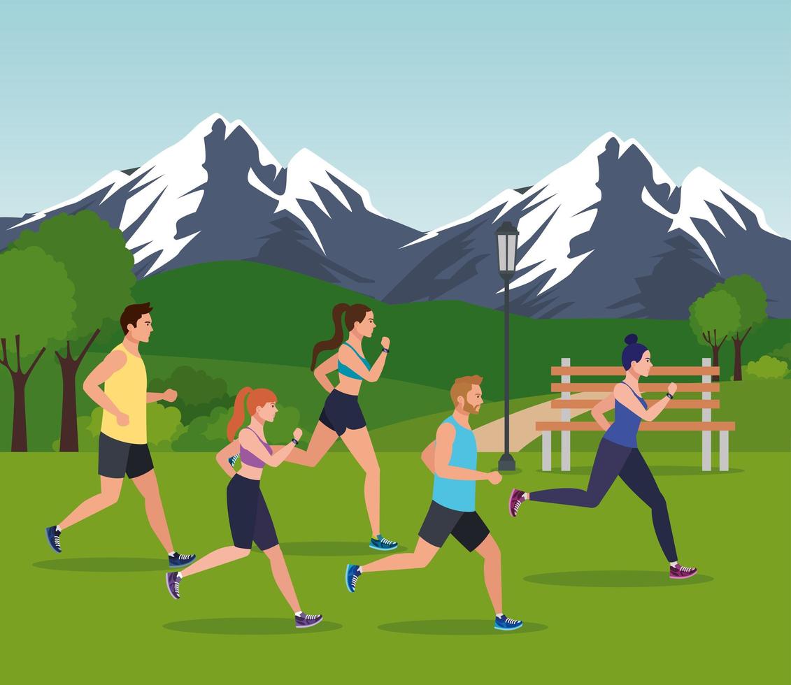 people jogging mountainous landscape, people running outdoor avatar characters vector