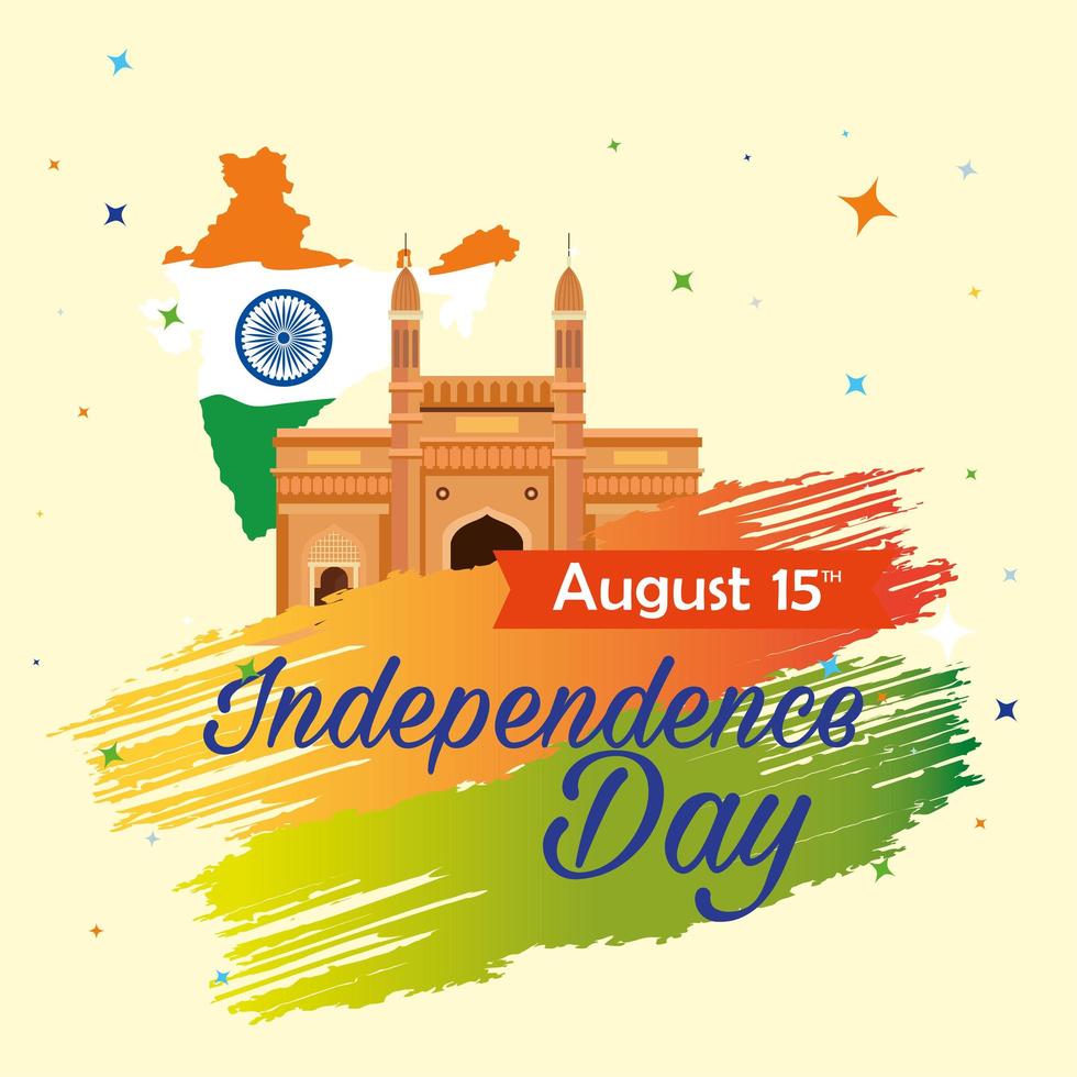 indian happy independence day, celebration 15 august, with gateway and map of india vector