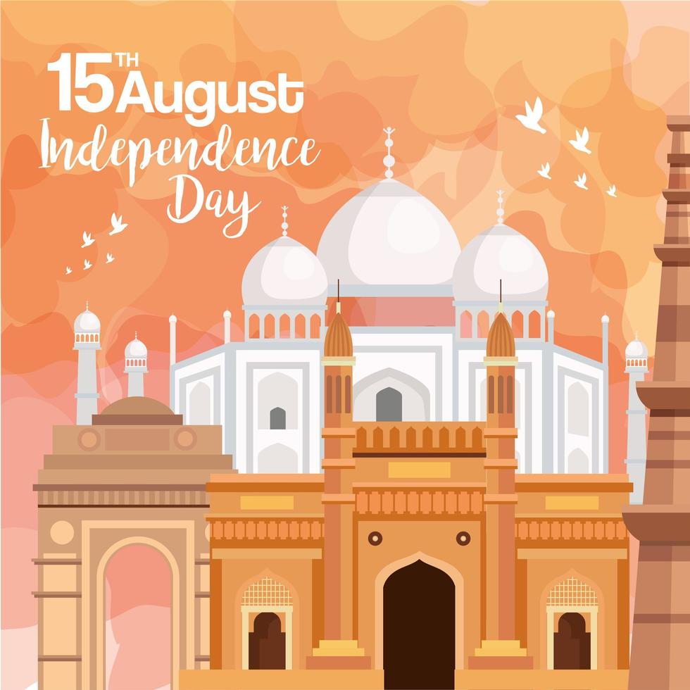 indian happy independence day, celebration 15 august, with monuments traditional and decoration vector