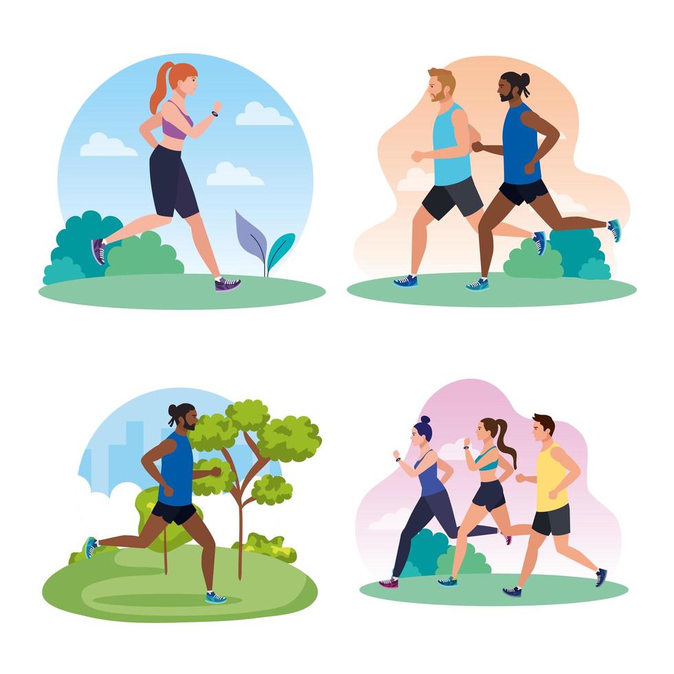set scenes of jogging people, people running vector