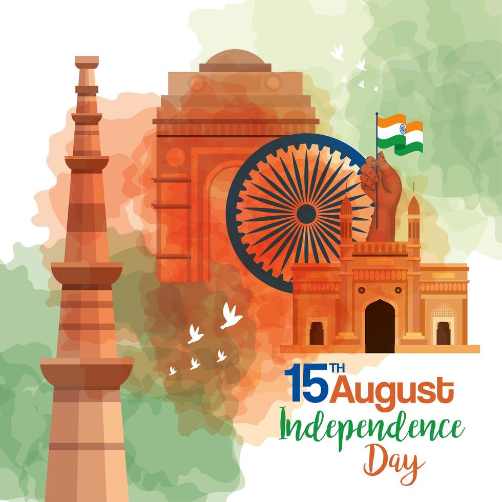 feliz día de la independencia india, celebración el 15 de agosto, con monumentos tradicionales y decoración vector
