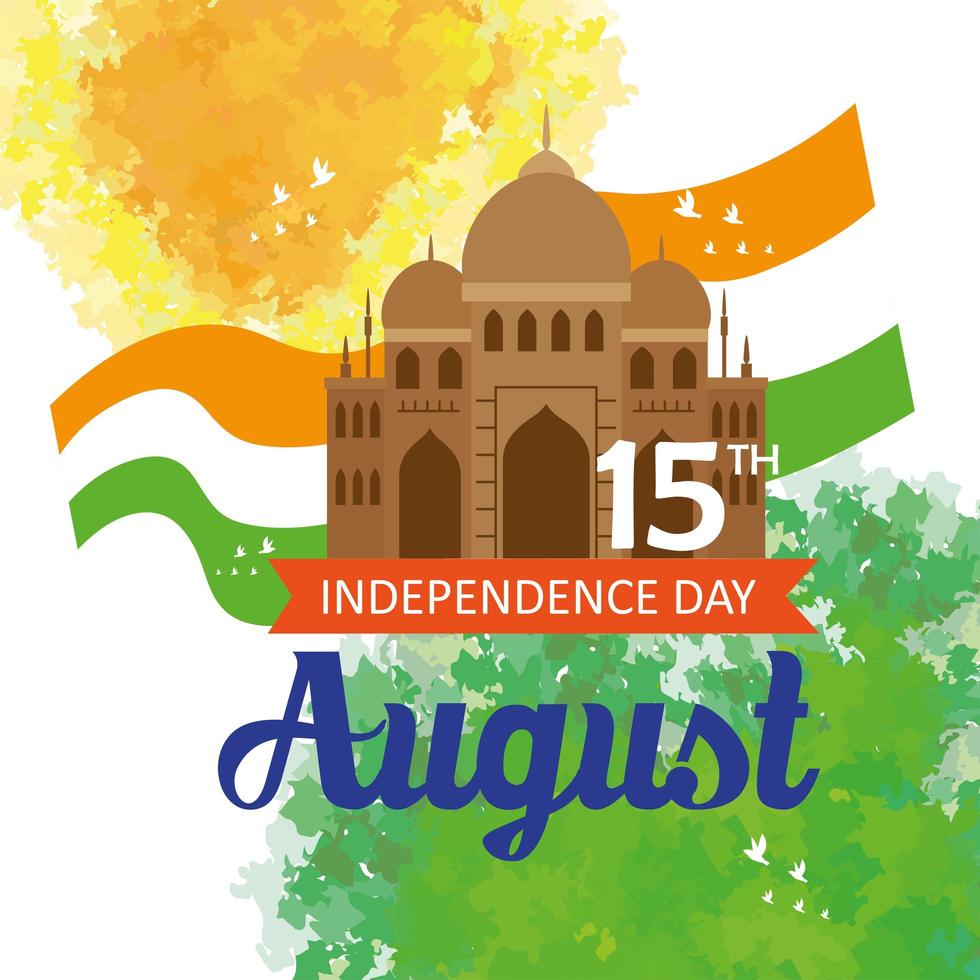 indian happy independence day, celebration 15 august, with monument traditional and flag vector