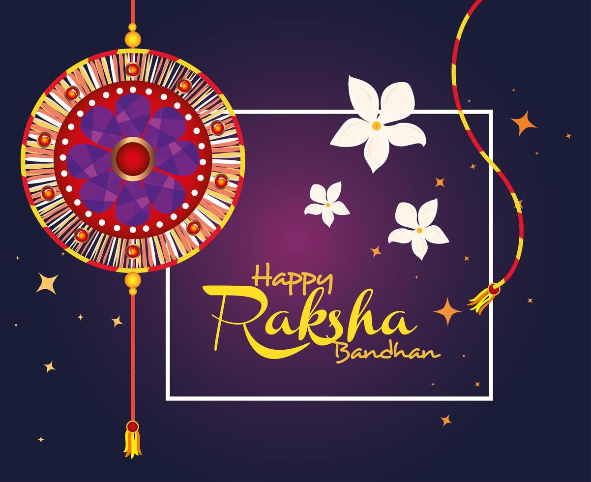 greeting card with decorative rakhi and square frame for raksha bandhan, indian festival for brother and sister bonding celebration vector