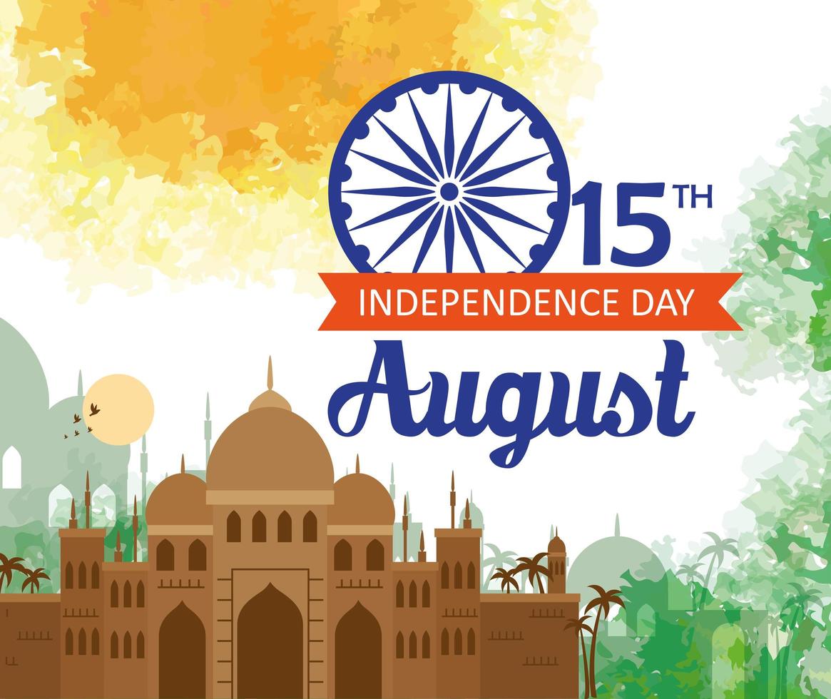 indian happy independence day, celebration 15 august, with taj mahal and decoration vector