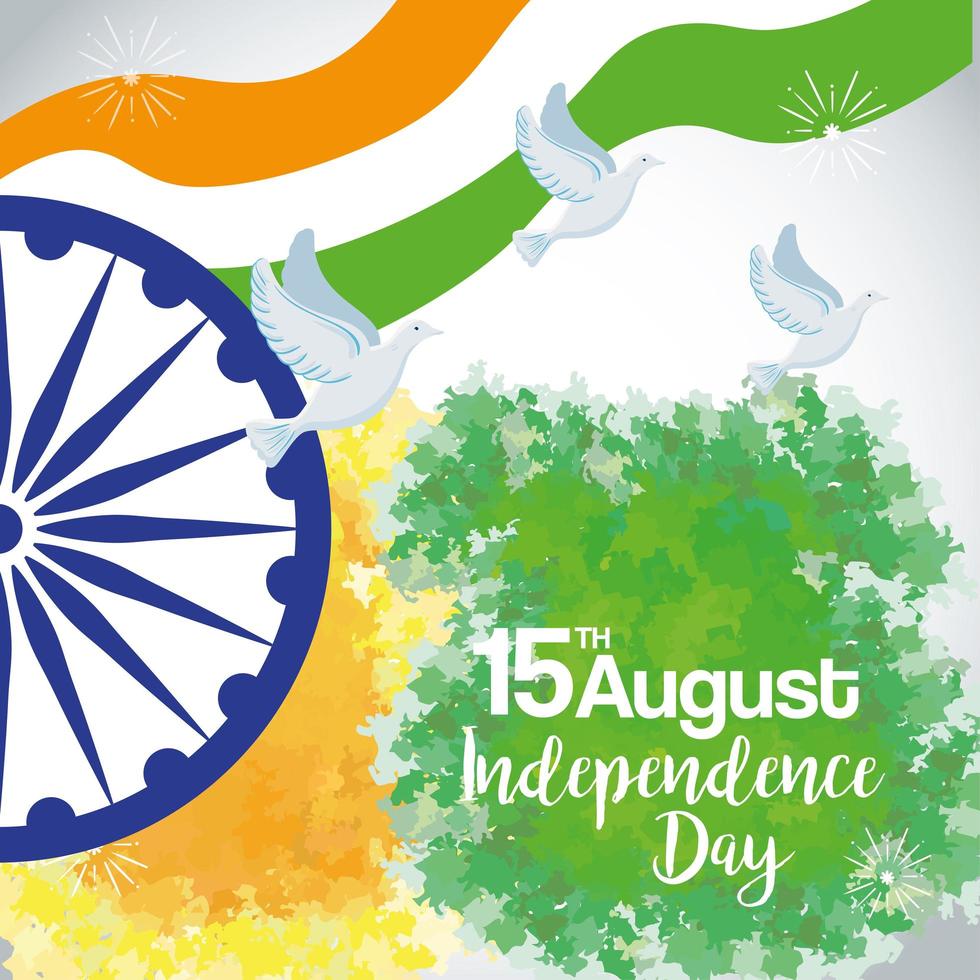 indian happy independence day, celebration 15 august, with ashoka chakra and doves flying vector