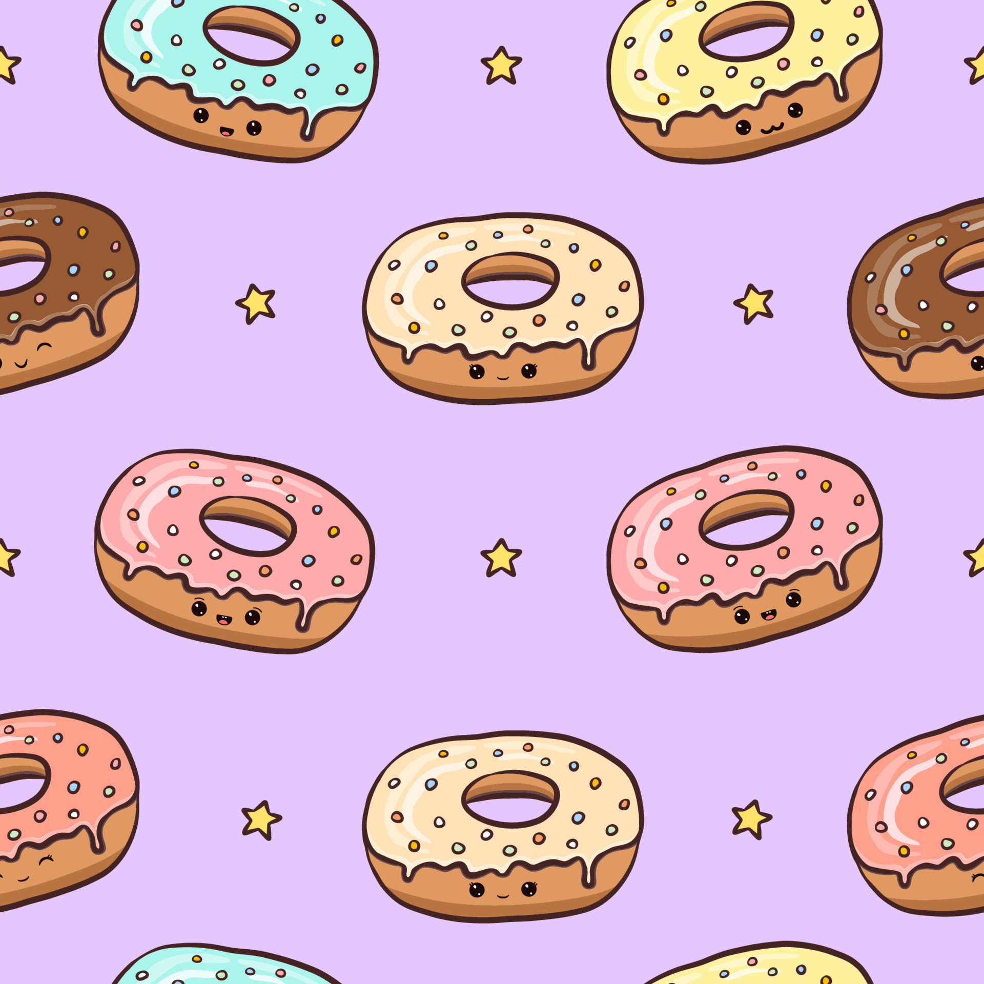 patrón impecable con donuts glaseados con cara graciosa y estrellas. lindo  patrón kawaii para diseño de decoración, fondos, papelería, papel de  envolver, textil, scrapbooking. ilustración vectorial 5375561 Vector en  Vecteezy