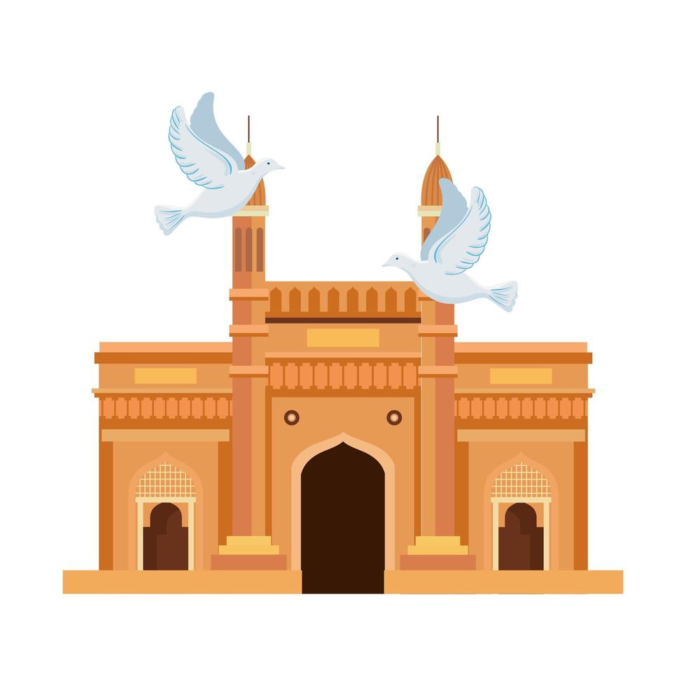 puerta de entrada, famoso monumento de la india con palomas volando vector