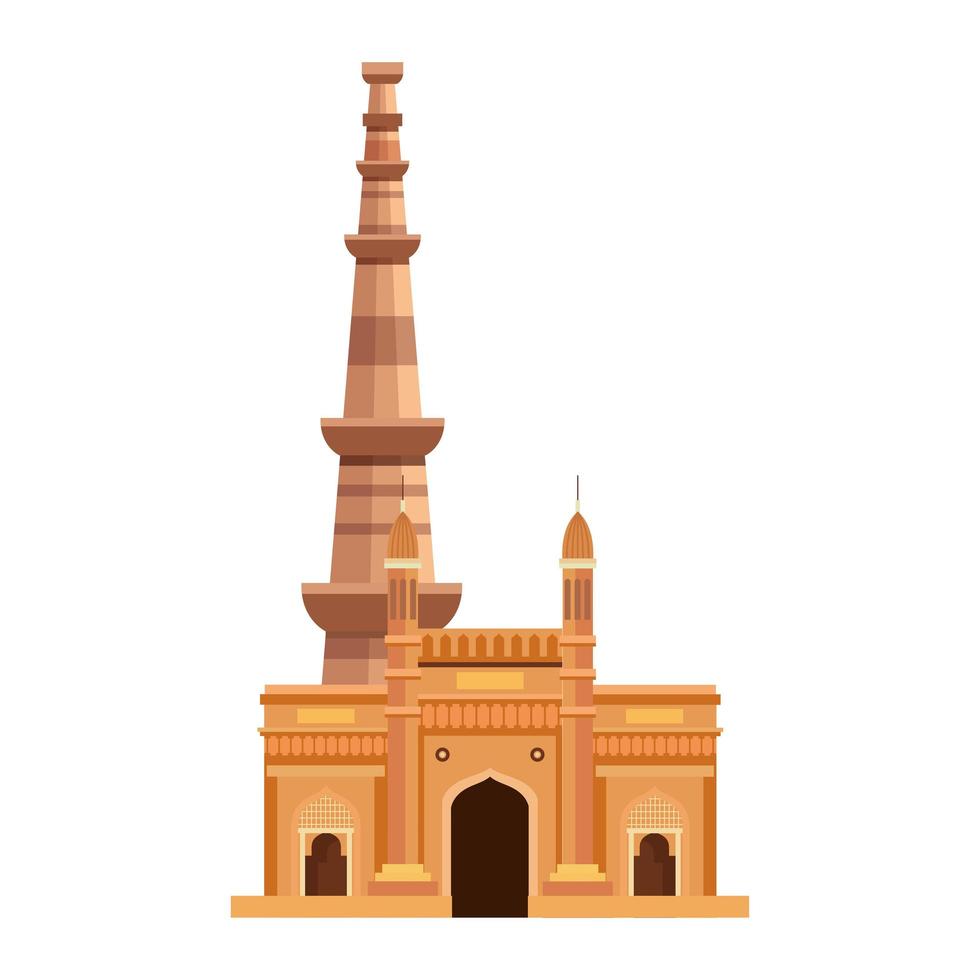 gateway with qutub minar, famous monuments of india on white background vector