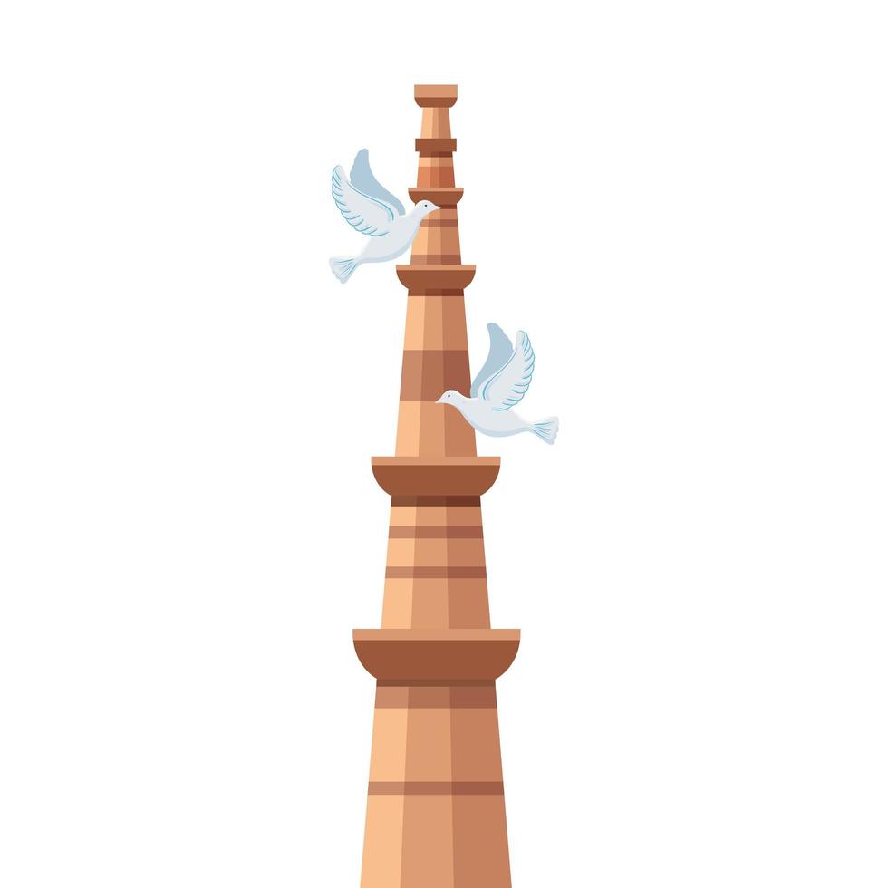the qutub minar famous monument of india with white doves flying vector