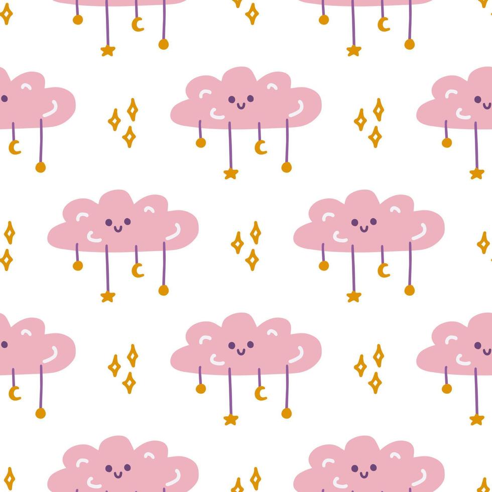 Pink cute cloud with stars, vector seamless pattern in flat cartoon style